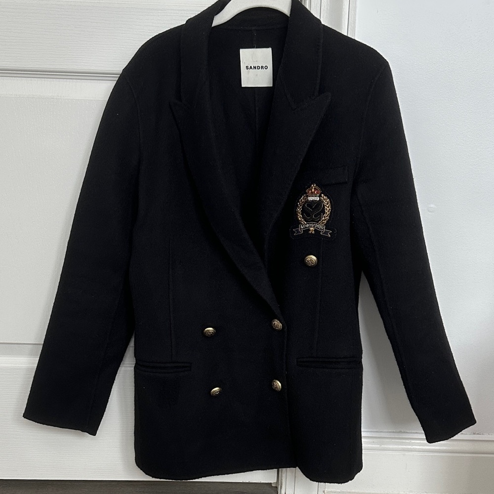 Sandro Black Wool Blazer with Gold Buttons and Crest Used Once Size Small